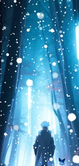 Anime scene with a snowy forest and glowing blue lights.