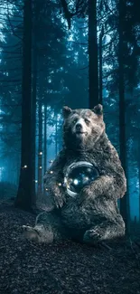 A bear holding a glowing orb in a mysterious, dark teal forest.