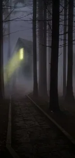 Mysterious cabin in foggy forest with a glowing light.