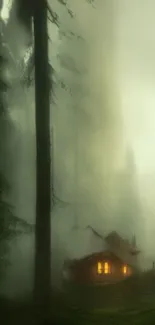 Misty forest setting with a warmly lit cabin.