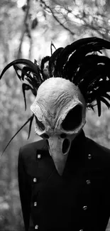 Mysterious figure with bird skull mask in dark forest setting.