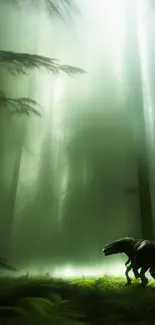 Mystical forest with a dinosaur in soft green lighting.