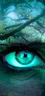 Vivid eye amidst mystical forest.