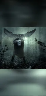 Mysterious figure with wings in a dark forest fantasy art.