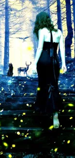 Mysterious forest with a woman in dark dress and glowing lights.