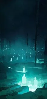 Ethereal glowing figures in a dark forest with teal light.