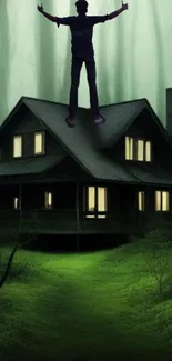 Silhouette on house roof in misty green forest wallpaper.