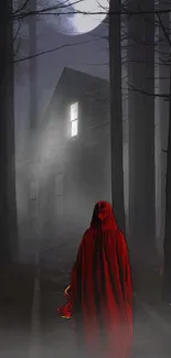 Cloaked figure in red walking through mysterious moonlit forest.