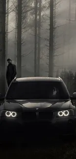 Dark forest setting with car headlights illuminating silhouetted figures at night.