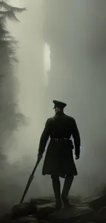 Silhouetted officer walking through a misty forest path.