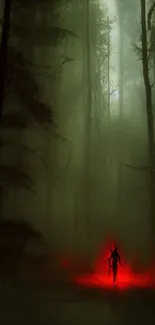 Dark forest with a red glowing figure in fog.