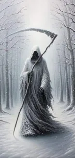 Eerie reaper in snowy forest setting wallpaper.