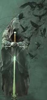 Mysterious hooded figure with sword in dark forest.