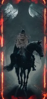 Hooded rider on horseback in a moonlit forest.