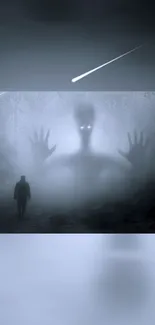 Mysterious shadow in a misty forest with a dark figure and eerie atmosphere.