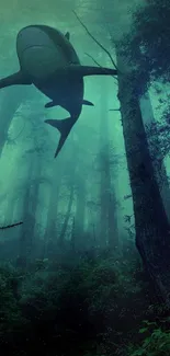 A surreal scene with a shark swimming through a mysterious forest setting.