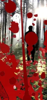 Silhouette in a red-spattered forest with sunlight.