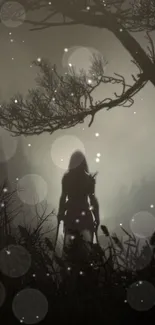 Silhouette of a figure in dark mysterious forest.