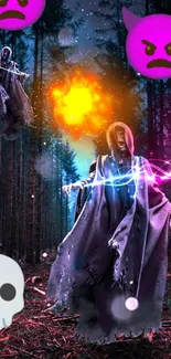 Mystical specter in enchanted forest casting vibrant spell with emojis.