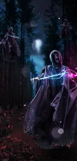 Eerie spectral figures in a dark, mystical forest with glowing lights.