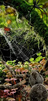 Forest spiders and webs among greenery.