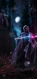 Dark forest with hooded spirits surrounded by mystical light trails.