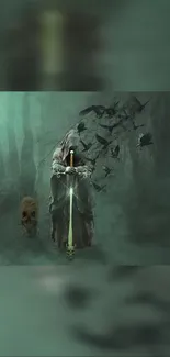 Cloaked figure with sword in a foggy forest surrounded by crows.