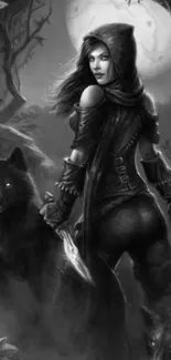 Hooded warrior in moonlit forest with wolves.