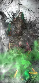 Dark fantasy warrior in a misty forest with green and black hues.