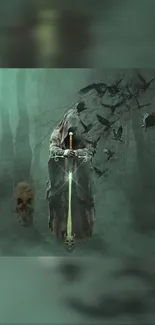 Mysterious warrior with sword in a dark forest setting.