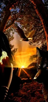 Mysterious forest with a wolf, eagle, and sunset.