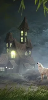 Wolf howling at mystical house in forest wallpaper.