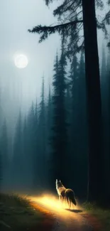 Wolf on glowing path in moonlit forest.