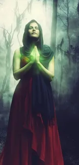 Mystical woman in red dress in foggy forest, glowing hands.