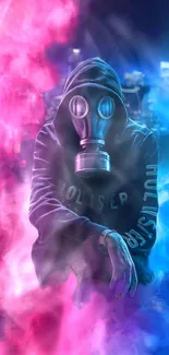 Hooded figure with gas mask in pink and blue smoke on city backdrop.