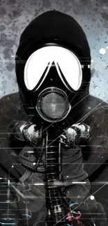 Person wearing a black gas mask against dark background.