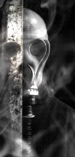 Shadowy figure with gas mask on dark background wallpaper.