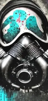 Gas mask with colorful splashes on teal background.