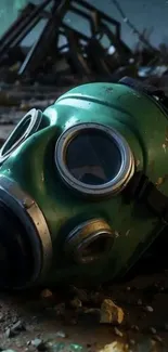 Mysterious green gas mask on eerie ground.