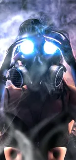 Person with gas mask and glowing blue lenses amidst smoke.