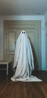 A ghostly figure draped in white cloth stands hauntingly in a dimly lit hallway.