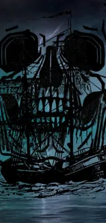 A ghost ship with a skull silhouette over stormy waters.