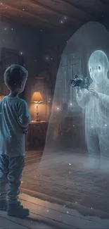 A child encounters a glowing ghost in a dimly lit room, captivating scene.