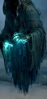 Mysterious ethereal figure with glowing chains.