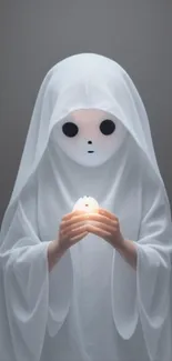 Ghostly figure in white cloak holding a glowing object on a mobile wallpaper.