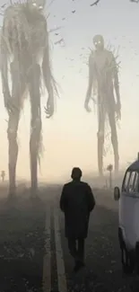A man walks down a road with two giant ghostly figures looming ahead.