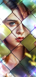 Mysterious girl peering through fence with autumn colors.