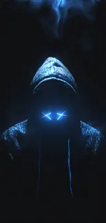 Hooded figure with glowing blue eyes on a dark background.