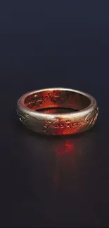 Golden ring with inscriptions on a dark background.