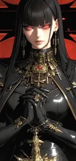 Gothic anime character in dark attire with intricate details.
